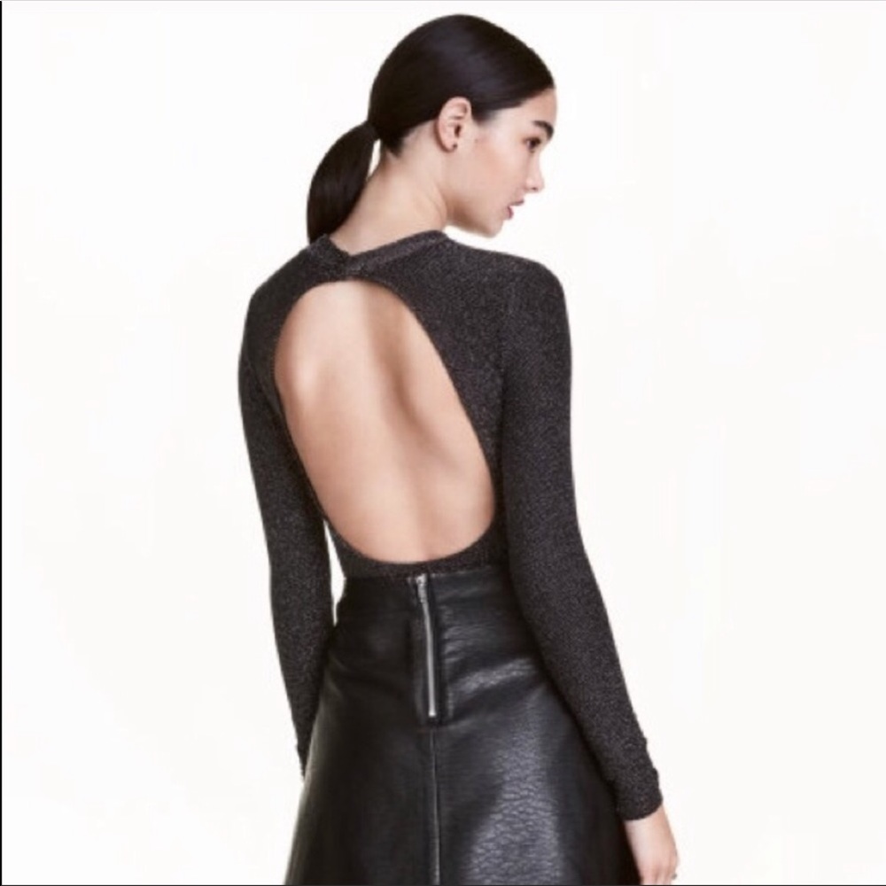 H&M Divided Glittery Silver Black Long Sleeve Backless Stretchable Bodysuit